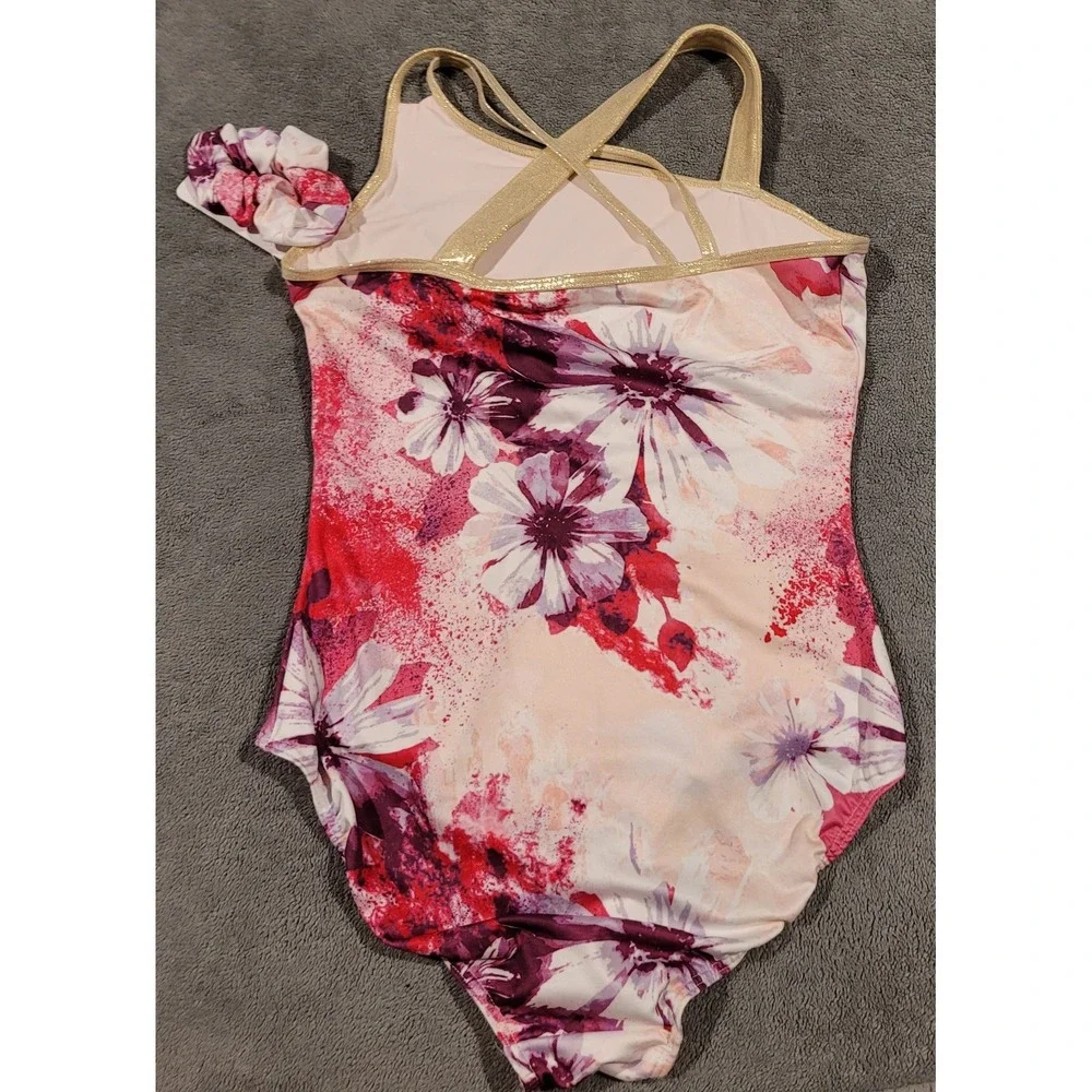 New Justice 1 Shoulder Leotard&Matching Scrunchie Gymnastic/Dance Floral GoldXL